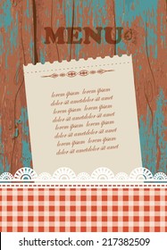 Vector illustration of a wooden card, flier, menu template with grunge paint and lace
