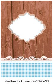 Vector illustration of a wooden card, flier, menu template with grunge paint and lace, and a tag, frame in the middle