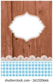 Vector illustration of a wooden card, flier, menu template with grunge paint and lace, and a tag, frame in the middle