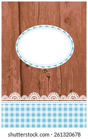Vector illustration of a wooden card, flier, menu template with grunge paint and lace, and a tag, frame in the middle