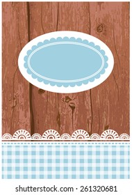 Vector illustration of a wooden card, flier, menu template with grunge paint and lace, and a tag, frame in the middle