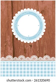 Vector illustration of a wooden card, flier, menu template with grunge paint and lace, and a tag, frame in the middle