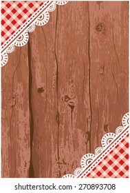 Vector illustration of a wooden card, flier, menu template with grunge paint and lace