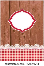 Vector illustration of a wooden card, flier, menu template with grunge paint and lace, and a tag, frame in the middle