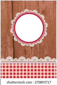 Vector illustration of a wooden card, flier, menu template with grunge paint and lace, and a tag, frame in the middle