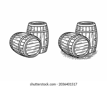 Vector illustration of wooden casks or barrels. Hand drawn vector illustrations.