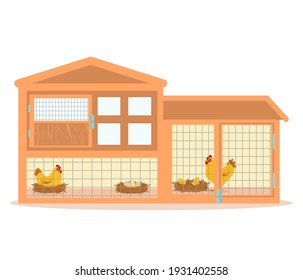 vector illustration of a wooden chicken coop with hens hatching eggs. Isolated on a white background