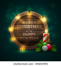 Vector illustration of wooden Christmas and New Year message board with candle and light bulbs. Elements are layered separately in vector file.