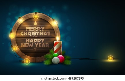 Vector illustration of wooden Christmas and New Year message board with candle and light bulbs. Elements are layered separately in vector file.