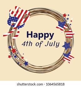 vector illustration of wooden circle decoration with American flag and stars for 4th July celebration and greetings