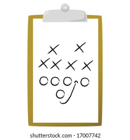 Vector illustration of a wooden clipboard holding a paper with generic sports diagrams. For jpeg version, please see my portfolio.