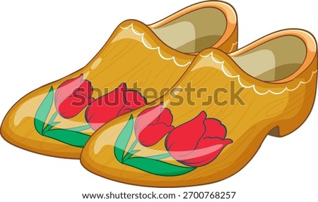 Vector illustration of wooden clogs decorated with red tulips, bright colors, clean outlines
