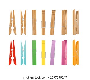Vector illustration of wooden and clothespin collection on white background. Clothespins in different bright colors and positions for household in flat style.