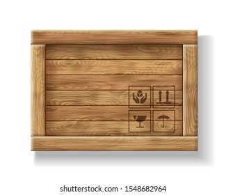 Vector illustration. Wooden crate or cargo box for storage, transportation and delivery of product with postal symbols, isolated on white background. Top view.