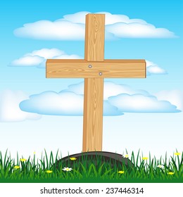 Vector Illustration Of The Wooden Cross On Grave