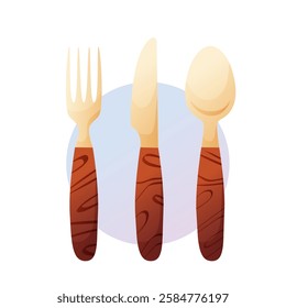 Vector illustration of a wooden cutlery set, including a fork, knife, and spoon, with brown handles featuring a carved design.  
