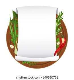 Vector illustration. Wooden cutting board with spices and empty curled blank paper sheet isolated on white background. Parchment scroll. Banner template. Cartoon style