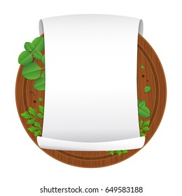 Vector illustration. Wooden cutting board with oregano, parsley, black pepper, cloves and empty curled blank paper sheet isolated on white background. Parchment scroll. Banner template. Cartoon style