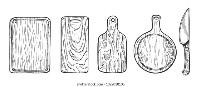 Vector illustration of wooden cutting and serving boards for meat, vegetables and pizza. Chefs knife. Vintage hand drawn engraving style.