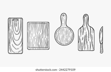 Vector illustration of wooden cutting and serving boards for meat, vegetables and pizza. Chefs knife. Vintage hand drawn engraving style.