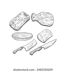 Vector illustration of wooden cutting and serving boards for meat, vegetables and pizza. Chefs knife. Vintage hand drawn engraving style.