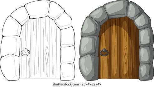 Vector illustration of a wooden door framed by stone arch. Includes both colored and outline versions, showcasing rustic design