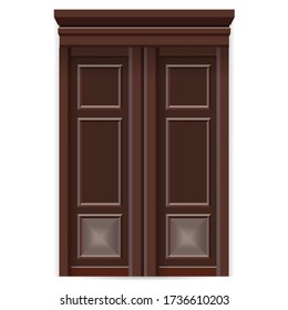 Vector illustration of wooden door wooden window isolated on white. 3D illustration. Brown door for construction, building a house. Beautiful entrance for game design, simulator, interior designers