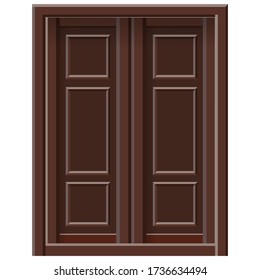 Vector illustration of wooden door wooden window isolated on white. 3D illustration. Brown door for construction, building a house. Wardrobe door for game design, simulator, interior designers