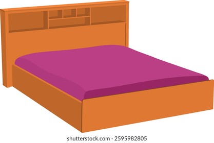 Vector illustration of a wooden double bed vector illustration isolated on white background. A bed with a pink comforter and a wooden headboard. The bed is unmade and the pink comforter is spread out