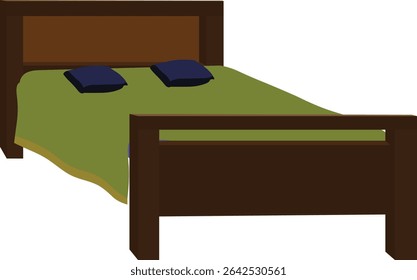 Vector Illustration of Wooden Double Bed with Green Blanket and Navy Pillows – Modern Bedroom Furniture Design Isolated on White Background for Home Decor and Interior Visualization Projects	
