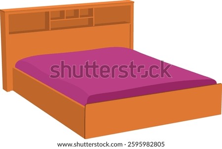Vector illustration of a wooden double bed vector illustration isolated on white background. A bed with a pink comforter and a wooden headboard. The bed is unmade and the pink comforter is spread out
