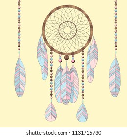 vector illustration, Wooden dreamcatcher with feathers,  beads, boho, mandala, pastel color, isolated, element