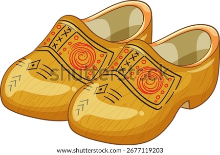 Vector illustration of wooden Dutch clogs, detailed patterns, warm colors, clean cartoon style