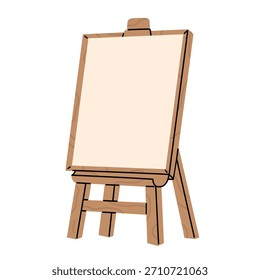 Ilustração vetorial de um cavalete de madeira com uma tela vazia. Equipamento de estúdio de arte simples, quadro em branco para pintura ou desenho. Adequado para projetos de design, educação e temas criativos.