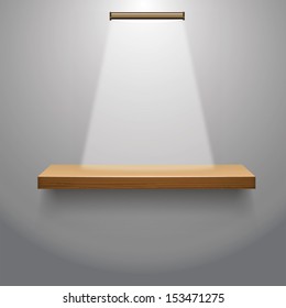 Vector illustration of wooden  empty shelf for exhibit  with a lamp 