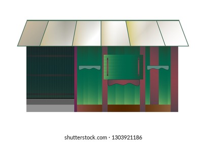 Vector illustration of wooden fairytale old green log cabin or garden shed with roof isolated on a white background.