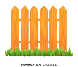 Vector illustration of wooden fence with green grass isolated on white background. Brown wooden palisade in cartoon style. Realistic yard barrier.
 