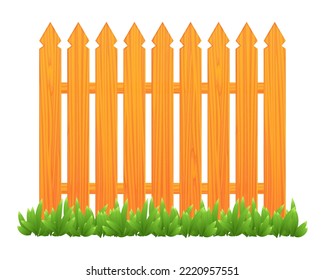 Vector illustration of wooden fence with green grass isolated on white background. Brown wooden palisade in cartoon style. Realistic yard barrier.