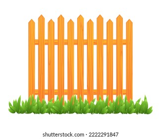 Vector illustration of wooden fence with green grass isolated on white background. Brown wooden palisade in cartoon style. Realistic yard barrier.