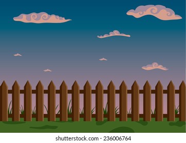 Vector illustration of Wooden fence and green grass with sky