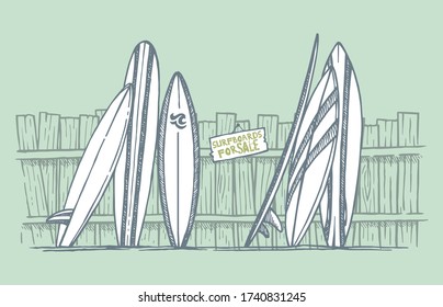 Vector illustration of wooden fence with surfboards lined up for sale, in cartoon style.