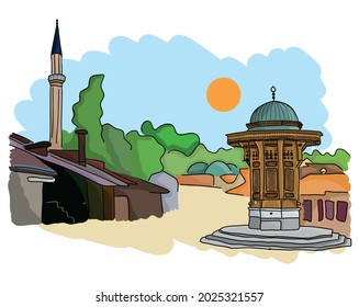 Vector illustration of wooden fountain Sebilj in Sarajevo, Bosna and Herzegovina (Baščaršija square)