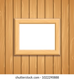 Vector illustration. Wooden frame on wall, mockup template design