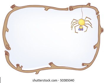 Vector illustration of wooden frame with spider