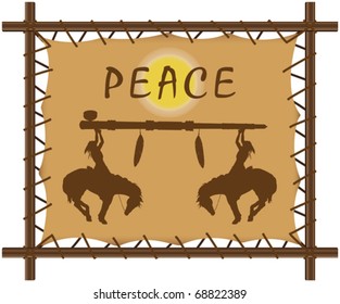 Vector illustration of a wooden framed canvas with peace pipe and peace slogan