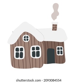 Vector illustration with a wooden house with a chimney, doodle style isolated on a white background. Hand drawn winter illustration in scandinavian style for children. For textiles, postcards, posters