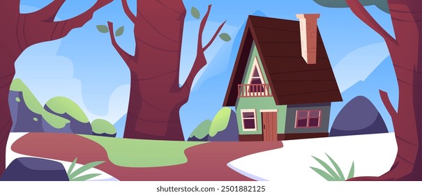 Vector illustration of a wooden house with a chimney on the background of a spring forest with melting snow and grass, for design of suburban housing