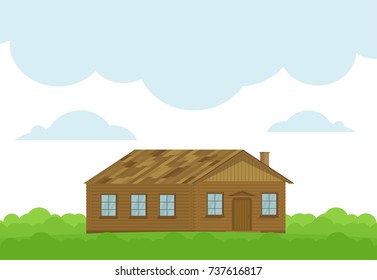 Vector Illustration with a wooden house and green bushes