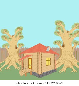 A vector illustration of a wooden house on the green lawn with two trees and a fence behind it.