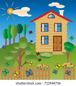 Vector illustration of wooden house in spring or summer season with flowerbeds, fence and garden